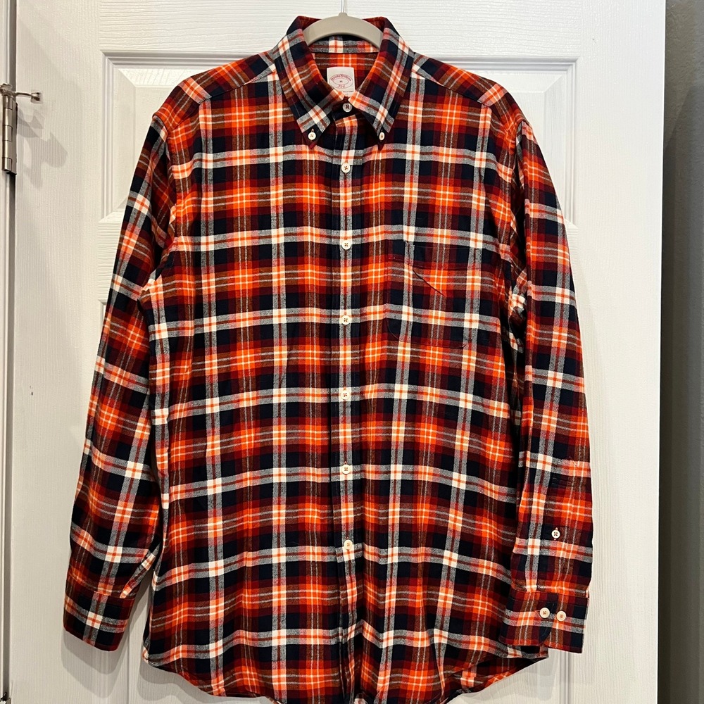 Brooks Brothers Button Down Shirt Cotton Plaid Orange Navy Blue Preppy Rustic M